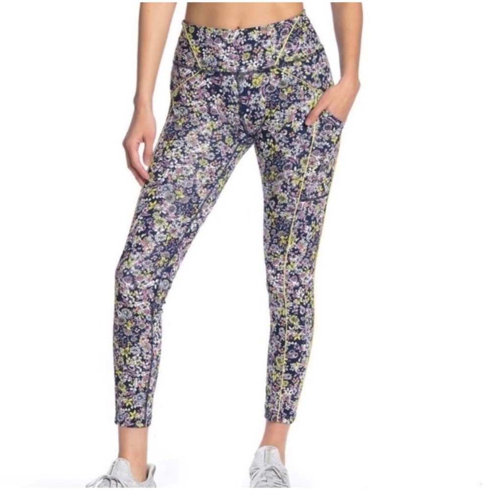 Free People FP Movement You're a Peach Floral Leggings XS Eden Print Blue Yellow